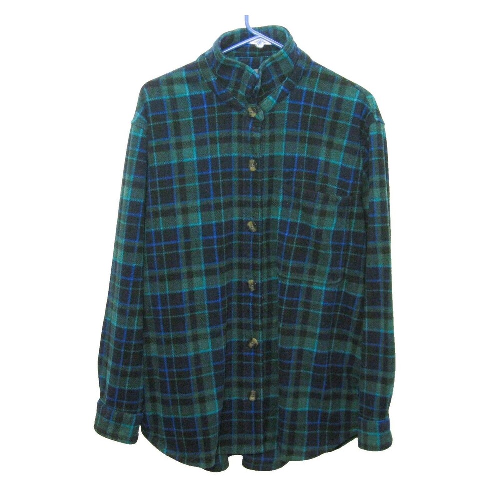 Eddie Bauer Flannel Top Womens XL Blue Green Plaid Button Front Shirt Pocket